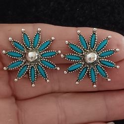 Vtg.Silver Tone- Faux Turquoise Clipon Earrings