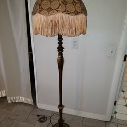 Antique Carved Wood Lamp W Fringed Shade