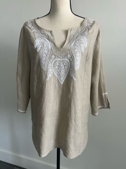 Symple NYC 100% Linen Embroidered Tunic Top Beige Ivory Boho 3/4 Sleeve Size M