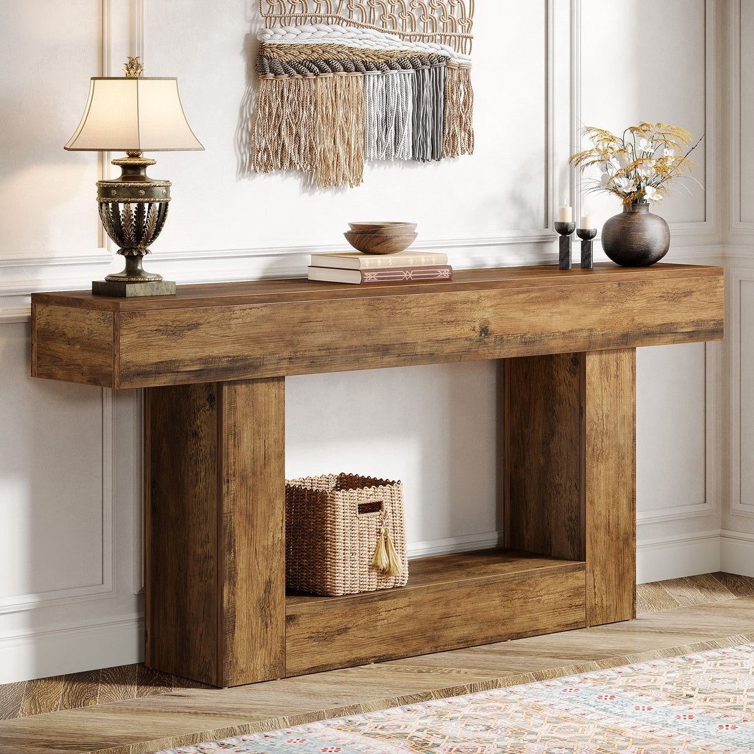 63" Wooden Console Table, Farmhouse 2-Tier Sofa Table Entryway Table