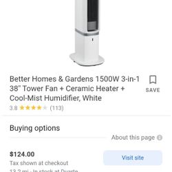 Better Homes & Gardens 1500W 3-in-1 38" Tower Fan + Ceramic Heater + Cool-Mist Humidifier,