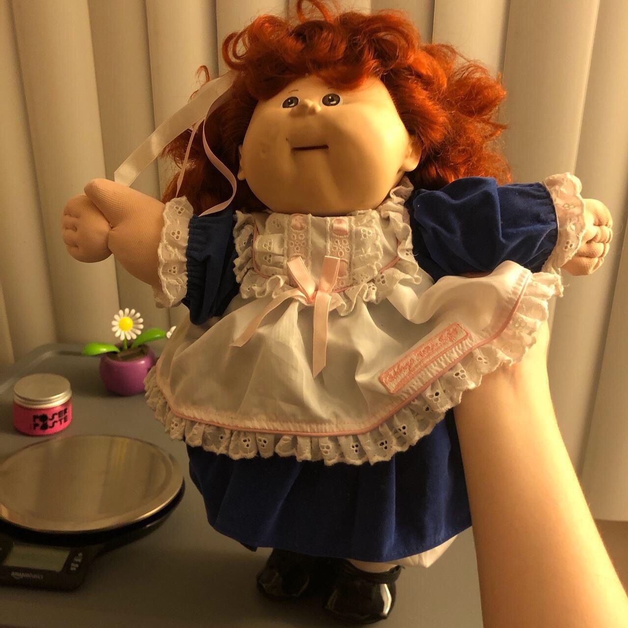 Vintage Cabbage Patch Kids Talking Doll Soft Red Curly Hair VINTAGE RARE collectable SHE TALKS WITH BATTERIES Blue and white velvet dress