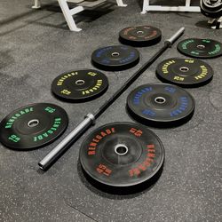 Brand New Renegade 230 Pound Olympic Bumper Plate Set With Women’s CrossFit Olympic Barbell Free Delivery 