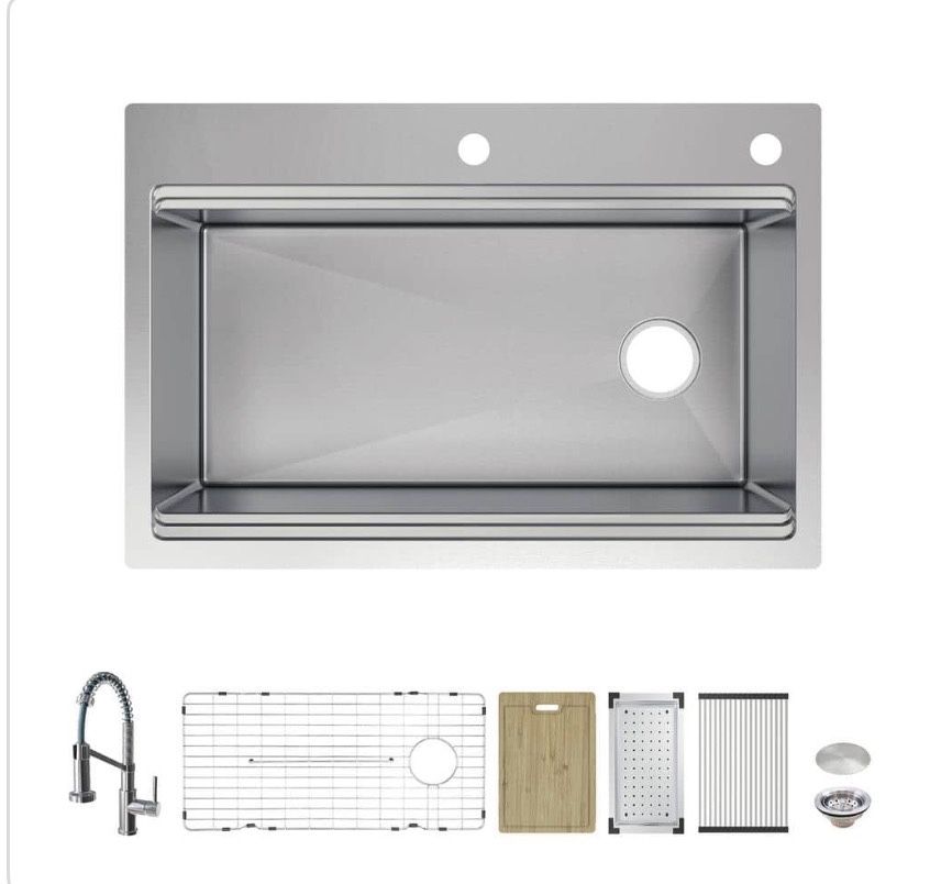 Glacier Bay Dolancourt Tight Radius 33 in. Drop-In Single Bowl 18G Stainless Steel Workstation Kitchen Sink with Spring Neck Faucet