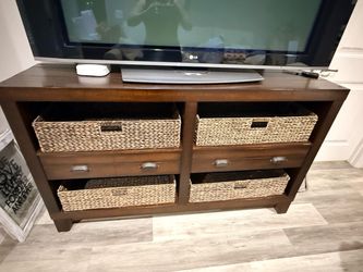 Wood TV Stand with Wicker Baskets and Drawers