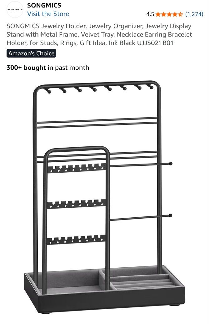 Jewelry Holder, Jewelry Organizer, Jewelry Display Stand with Metal Frame, Velvet Tray, Necklace Earring Bracelet Holder, for Studs, Rings, Gift Idea,