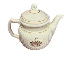 Vintage Porcelier Teapot Ribbed Cameo Flower Basket 6 Cup