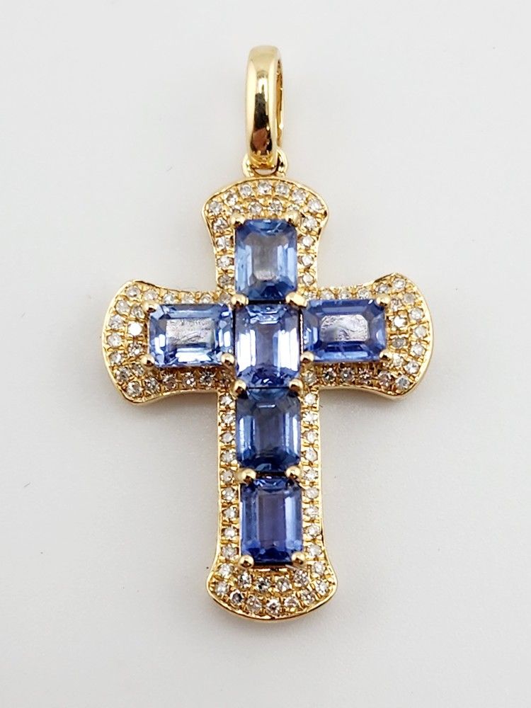 18k gold 2.25ctw untreated blue sapphire & diamond cross pendant