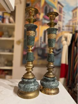 Vintage Ornate Brass and Marble Candlesticks Pair