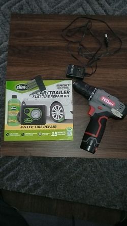 Cordless drill driver/car trailer flat tire repair kit