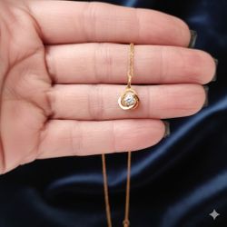 14K Rose Gold Round Diamond Sapphire Love Knot Necklace 