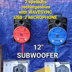 Bluetooth speakers DUAL PAIR  
RECHARGEABLES  
  12" SUBWOOFER        2 bocinas       🚥           🎁  WAVESYNC 
 2 MICRÓFONOS 🎤 🎤
 2. STANDS

BLUET