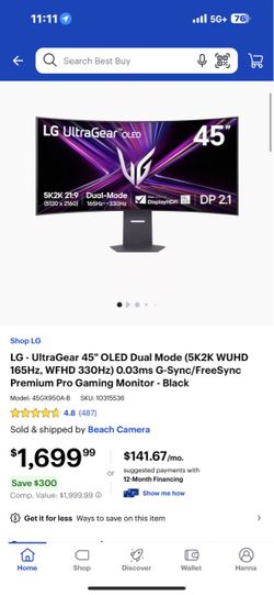 LG UltraGear 45” 5K2K OLED Gaming Monitor – 165Hz / 330Hz – Like New – $1,050
