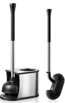 HAMITOR Toilet Plunger and Brush Set: 2 in 1 Stainless Steel Rustproof Combo with Deep Cleaning Curved Bristles - Heavy Duty Toilet Unclogging for Fam