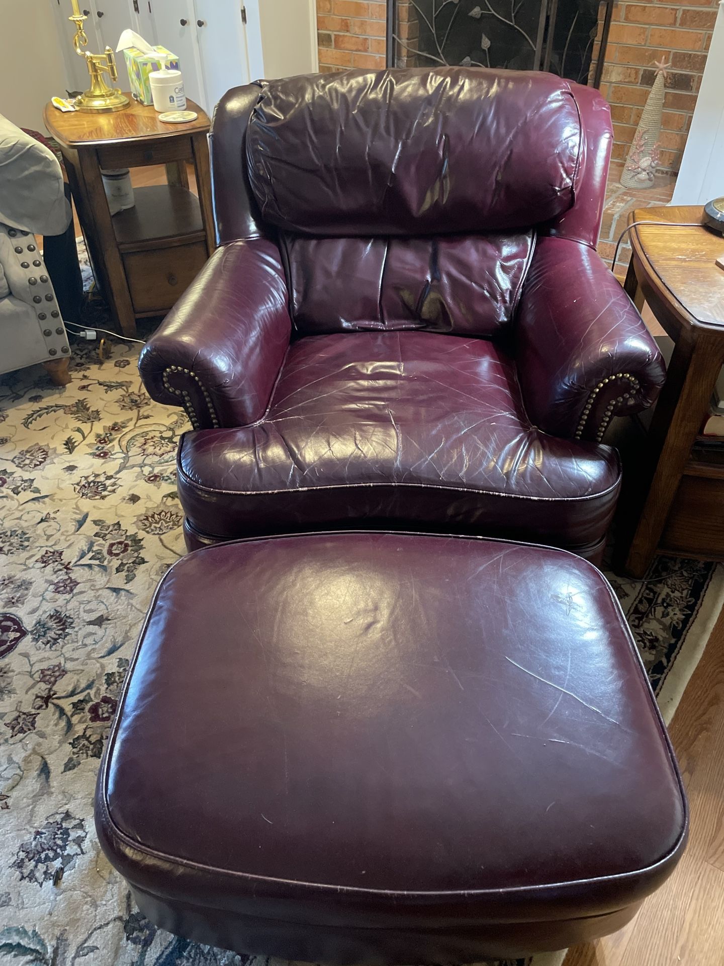 Red Leather Chair Plus Ottoman