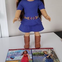 American Girl GOTY Saige 18 inch Doll with Paperback Book.pearced ears