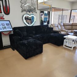 Black Corduroy Sleeper Sectional With Storage Chaise Lounge And Cup Holders Free Ottoman As Well