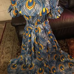 Africain  Dress  Bleu &yellow New One Size Fit All