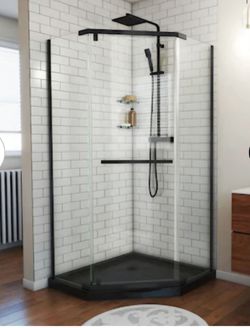 DreamLine Prism 2 -Piece 36-in W x 36-in L x 75-in H Neo-angle Corner shower kit (Corner Drain) Base and Door Black Hardware Included