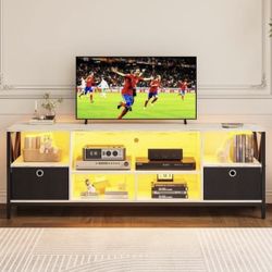 LED TV Stand for Living Room, Modern Television Stands with Charging Station, Smart Entertainment Center with Motion Sensor Lights, 3Color/Adjustable