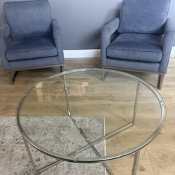 Modern Living Room Set: 2 Gray Accent Chairs + Glass Coffee Table