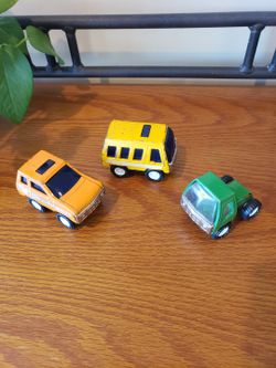 Reduced Vtg (3) Buddy L Mini Metal Vehicle Set - Yellow Passenger Van/short Bus, Orange SUV & Green Truck Cab