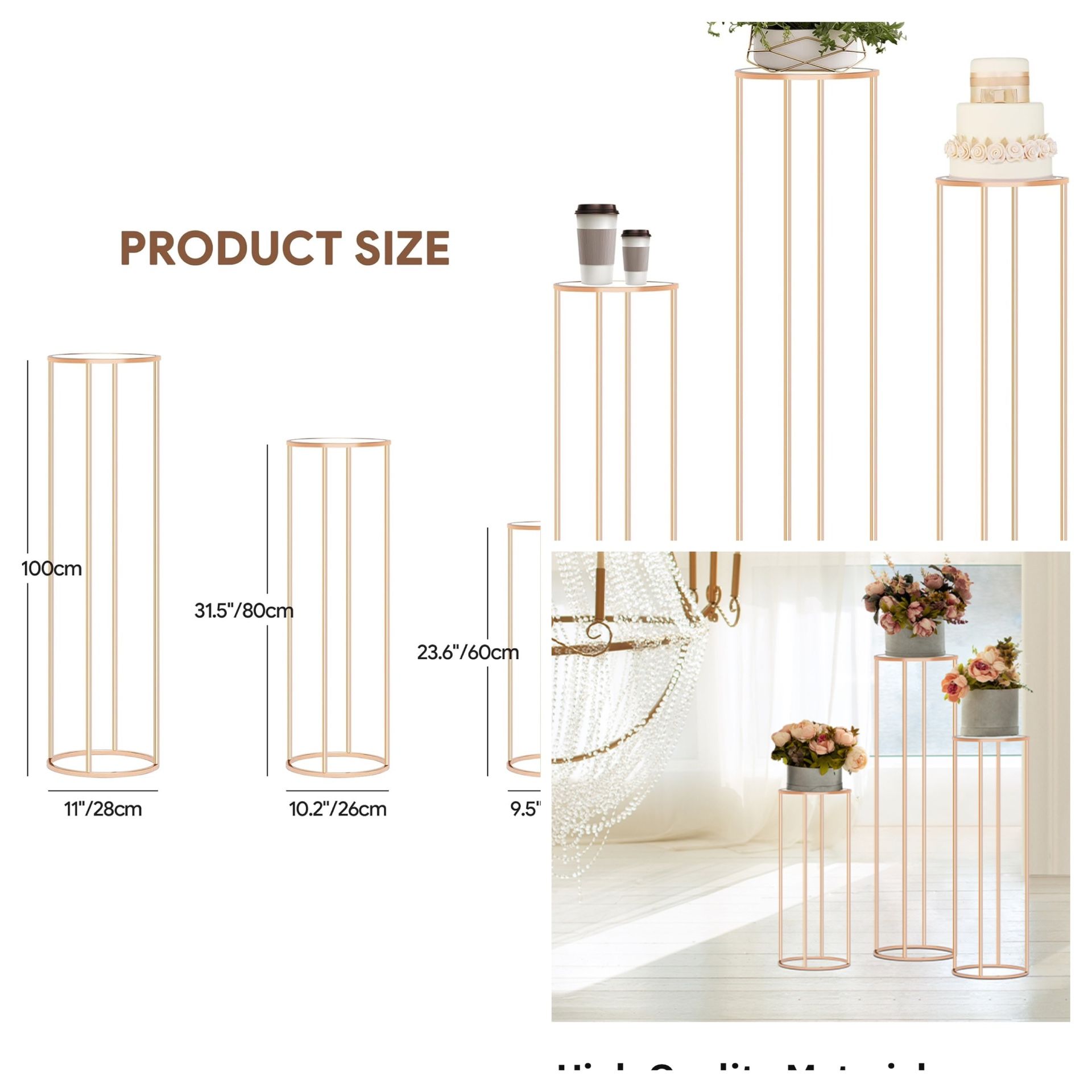 3PCS Gold Metal Plant Stand,Cylinder Pedestal Stands for Parties,Electroplated Wedding Centerpieces Flower