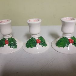 Ceramic Candle Holders Holly Themed