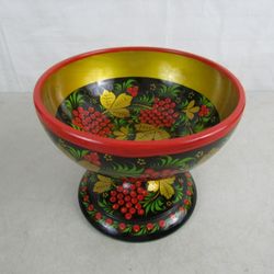 Khokhloma Russian Traditional Hand-Painted Fruit Wood Pedestal Bowl


