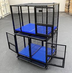 Brand New $370 Stacking Dog Cage (Set of 2) Heavy Duty 41x31x65” Crate Kennel w/ Plastic Tray, Wheels