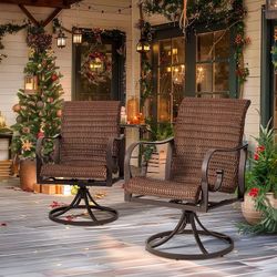 2148h $140 Patio Swivel Chairs Set of 2, Heavy Duty Outdoor Dining Chair with 23.5'' High Back, Extra-Large Water-Fall Seat, Rattan Wicker Porch Chai