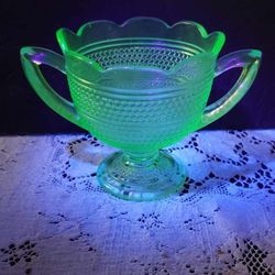 Vintage Depression Era Uranium Green Glass Double Handled Creamer / or Sugar Bowl