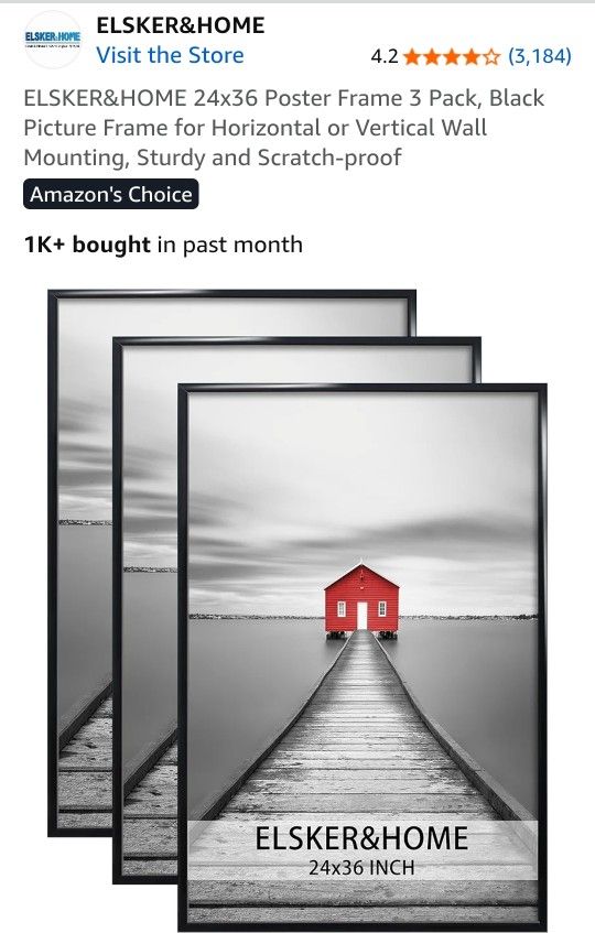 ELSKER&HOME 24x36 Poster Frame 3 Pack, Black Picture Frame for Horizontal or Vertical Wall Mounting, Sturdy and Scratch-proof