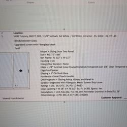BRAND NEW Milguard V400 Tuscany Slider Door  Rough Opening 72x80 With Internal Blinds With Multi Point Lock And Bolt System