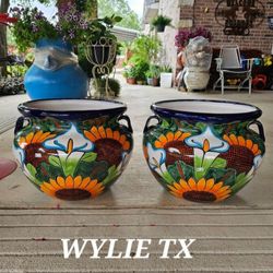 Talavera Sunflower And Alcatraz Clay Pots. Planters. Plants. Pottery $55 cada uno