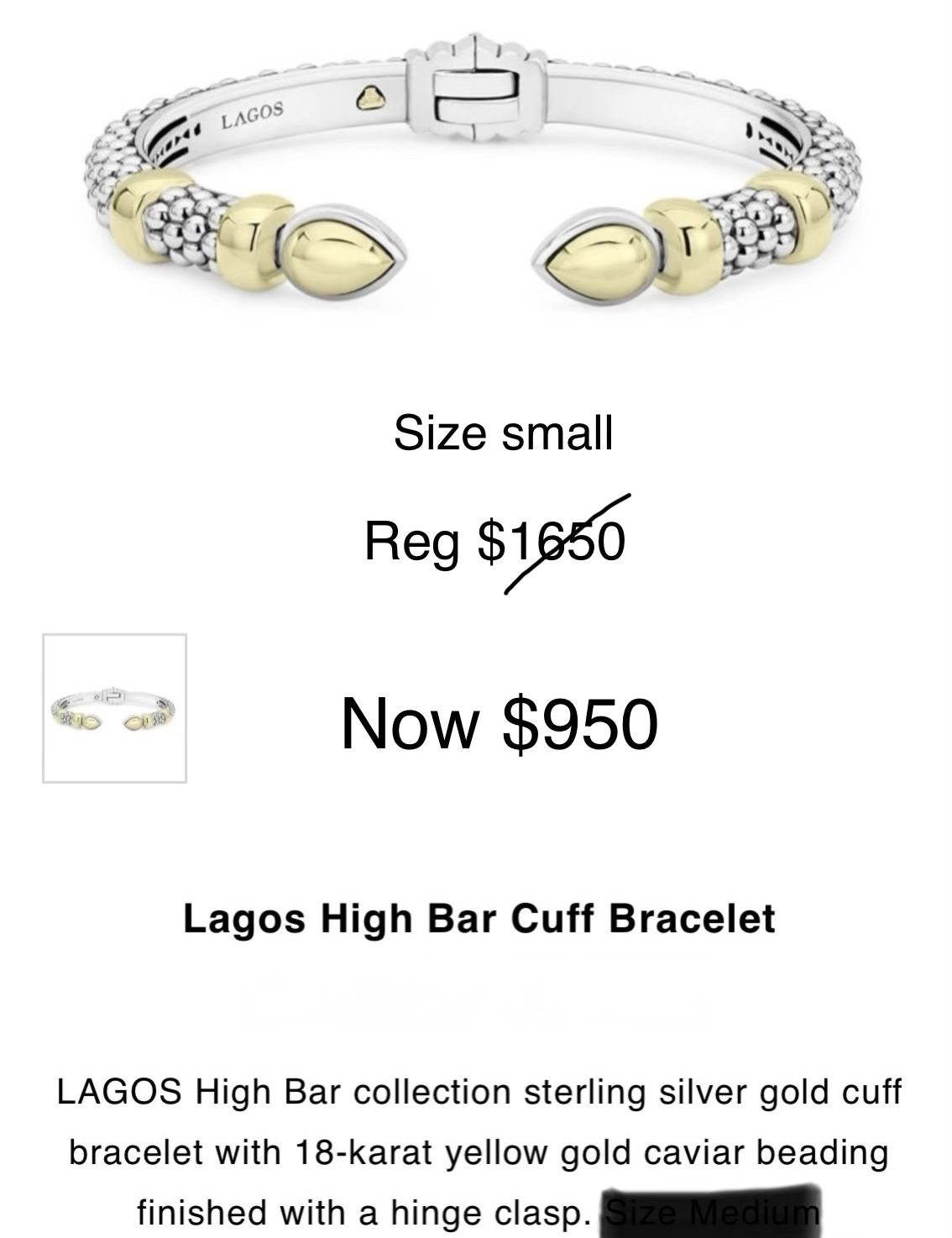 Lagos Silver And Yellow Gold High Bar Cuff Bracelet 