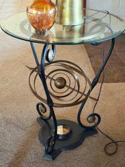 Vintage atomic, mid century, glass, side table, scraps of metal