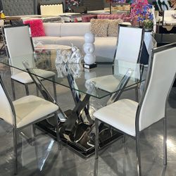 5 PIECE DINING TABLE SET DINING TABLE 63" Rectangle  Tempered Glass Table Top and Stainless Steel Base