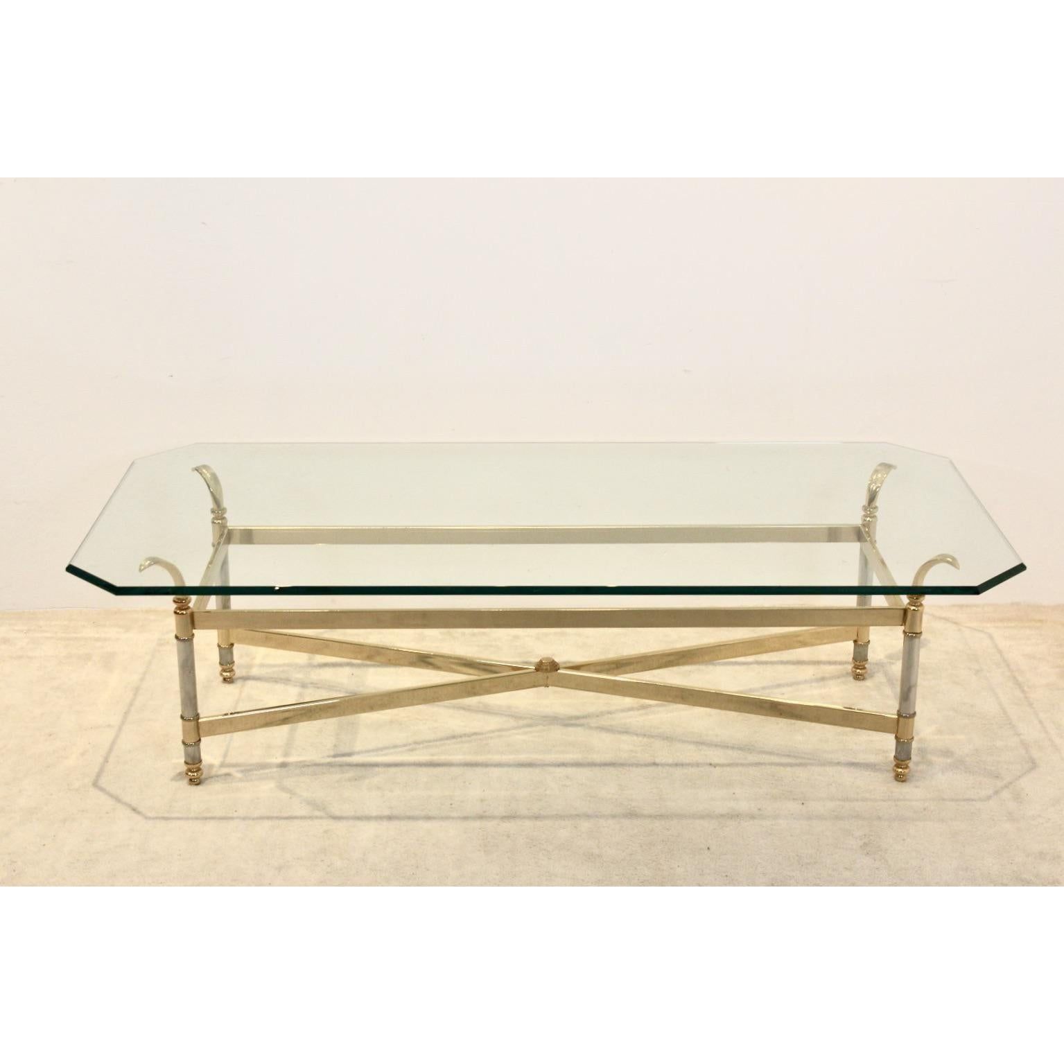 MCM vintage brass, chrome, gold & glass top coffee table French 1970s.