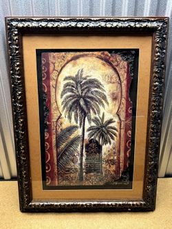 Framed Palm Tree Artwork Tropical Moorish Style Ornate Frame 32in