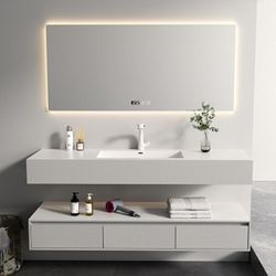 🚨 Modern Floating Vanity 40"/48"/60" w/ Engineered Marble Sinks & 3-Drawer Storage w/ LED Mirror🚨