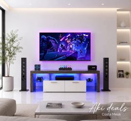 Modern LED  TV Stand for up to  70 inch TV with 16 Color LED Lights, Brown & White J-20