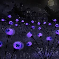 2PACK Scary Eyeballs Solar Garden Lights Halloween Decorations Outdoor,Swaying Firefly with 12LED Purple Spooky Lights - Waterproof Ornaments Solar Ha