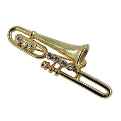 1980s Trombone Unisex Brooch Pin, in, Gold Plated, Clear Glass Rhinestones
