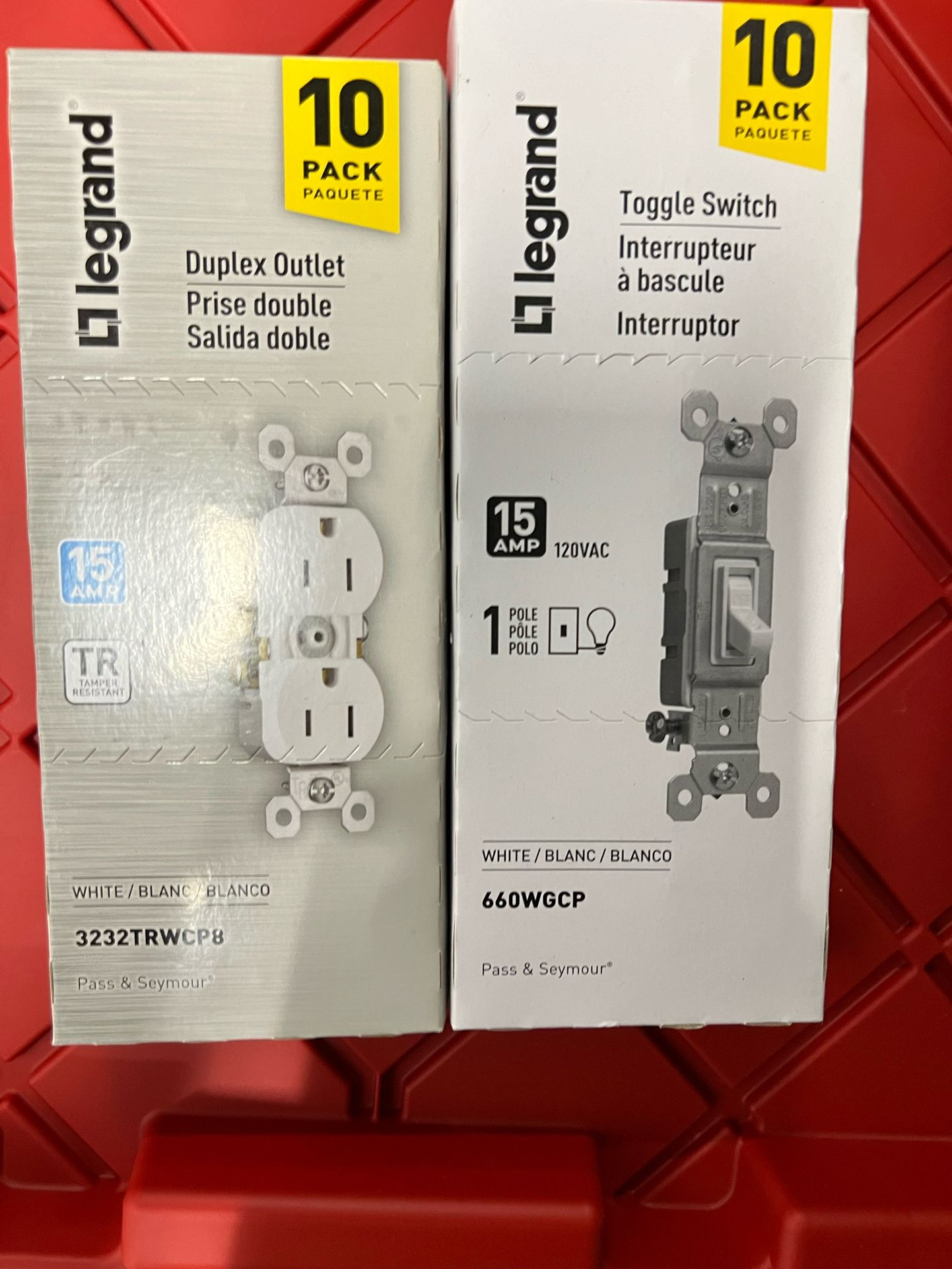 Legrand 3232TRWCP8 Pass & Seymour Grounded Duplex Outlet, 15-Amp 125-Volt , White, 10-Pk. And 10 PK Toggle Switches