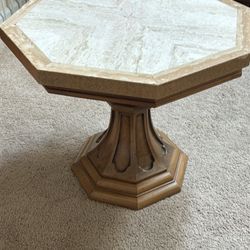 Vintage 1970s Octagonal Pedestal Side Table - Stone & Wood