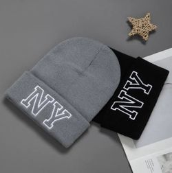 Grey & Black New York Beanies Pair For Men & Women