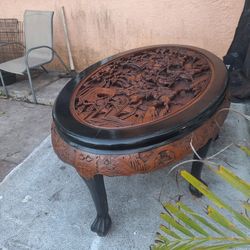 Antique Vintage Hand Carved Oriental Chinese Wooden Table Oval Shape, Glass Cover.  6 Side Table Or Chairs.