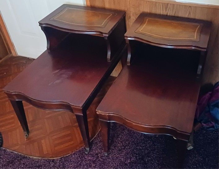 1960s Vintage Mid-Century Two-Tier Side Tables Leather InlayÂ