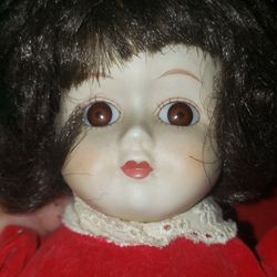 Vintage Zasan Porcelain Doll Burgundy Dress w Lace 2 Fingers Missing 